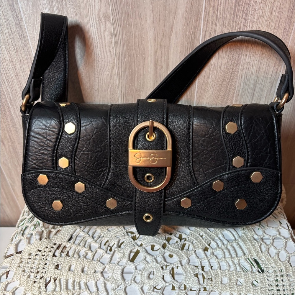 Jessica Simpson Faux Leather Courtney Flap Black Shoulder Bag with Gold Details